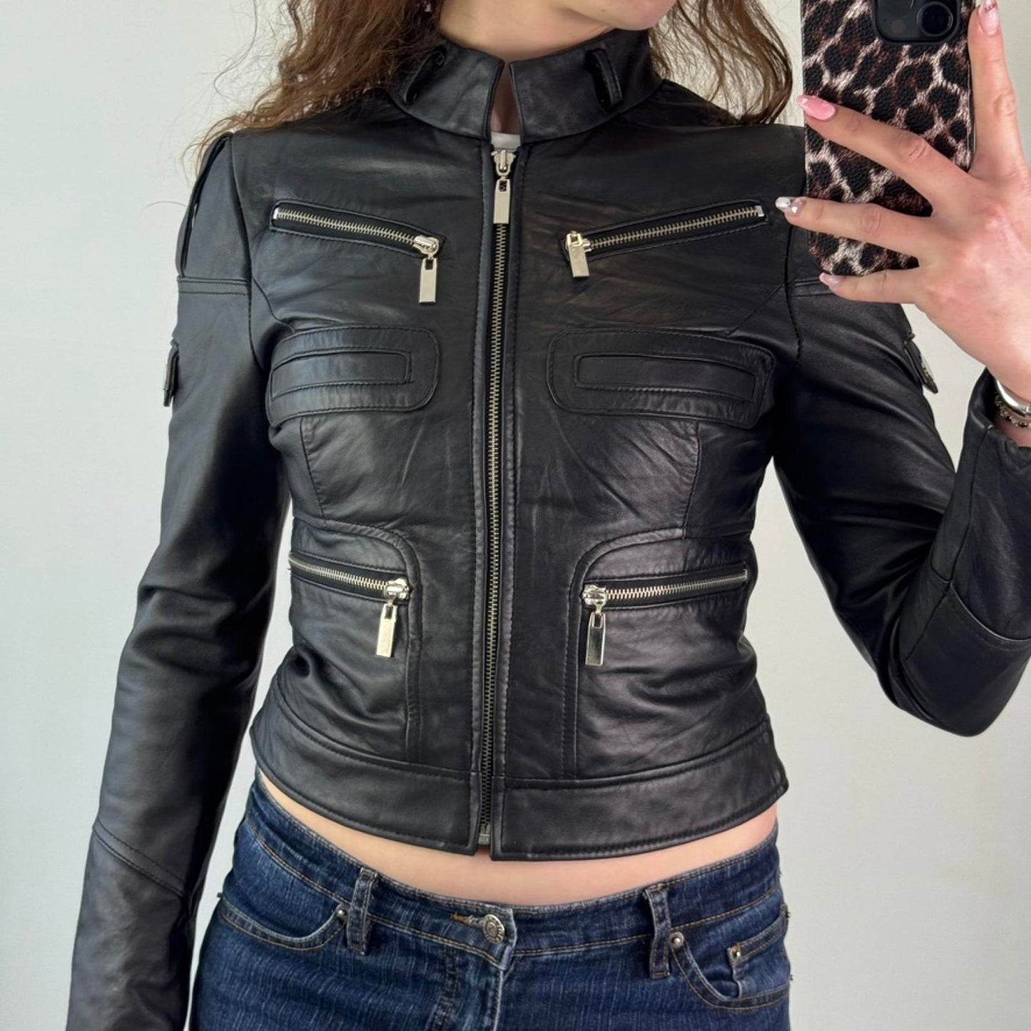 Y2K vintage Bebe faux leather biker zip up jacket fitted short length crop