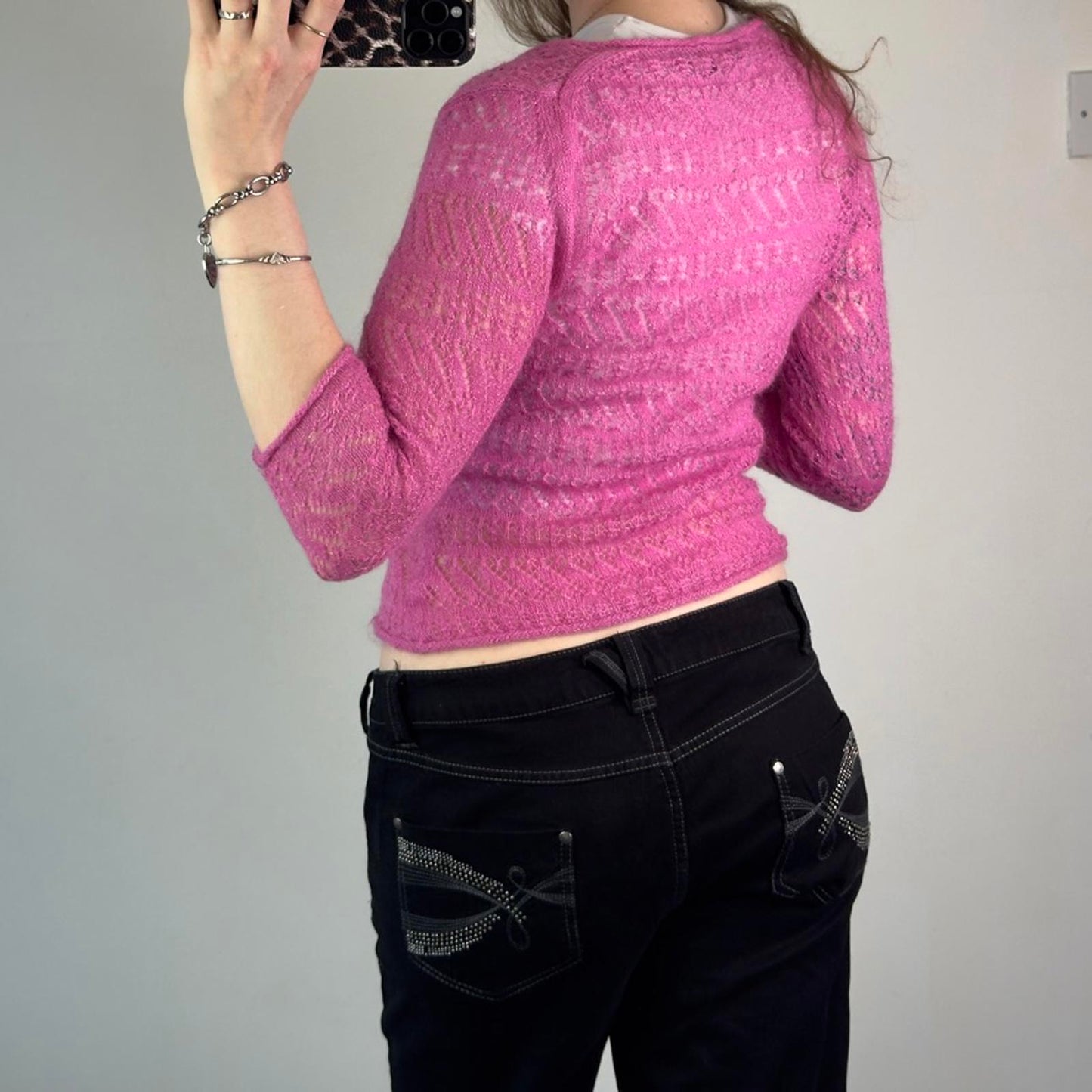 Y2K vintage wool v neck 3/4 sleeve lightweight jumper slight cropped sparkly