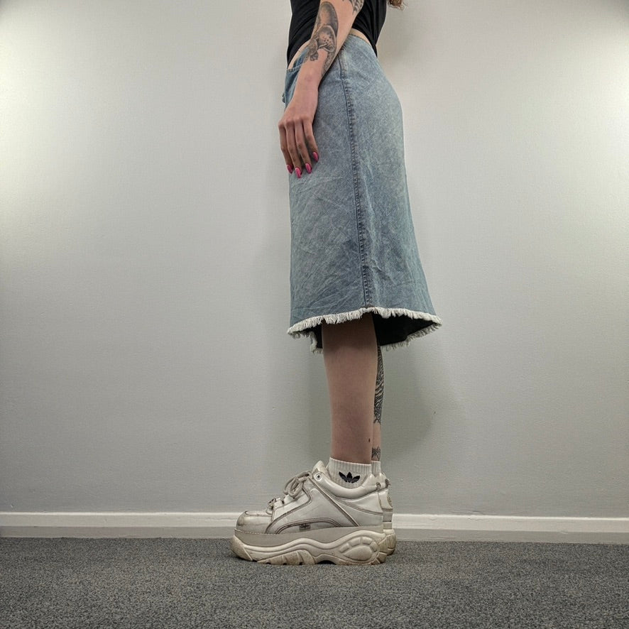 Y2K denim fraying midi skirt