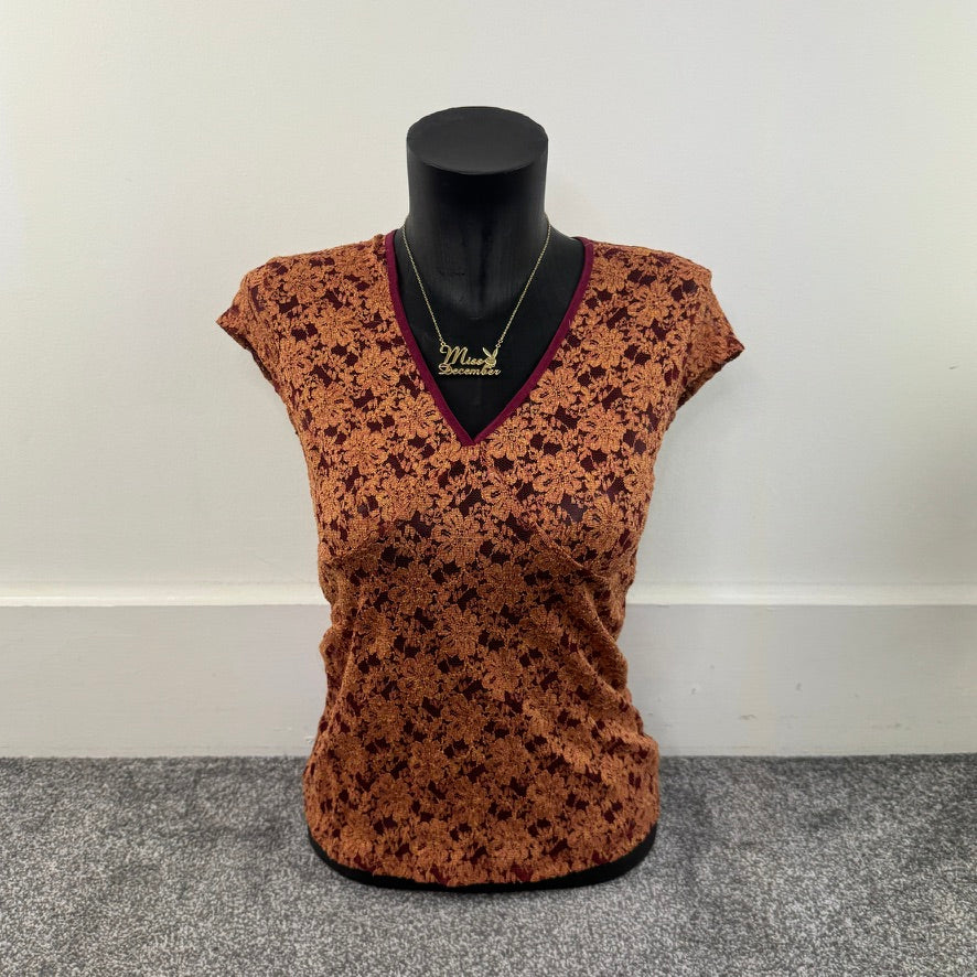 Y2K vintage mesh floral cap sleeve fitted top