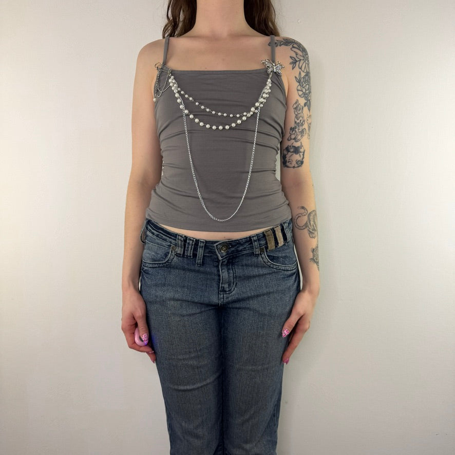 Y2K vintage grey slinky cami top with chain beads