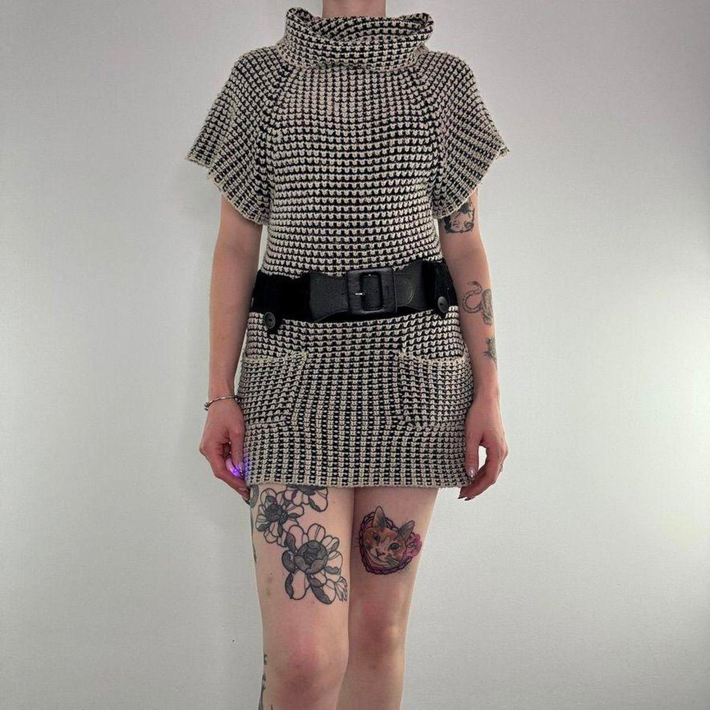 Y2K vintage turtleneck belted knit mini dress roll neck belt chunky knit