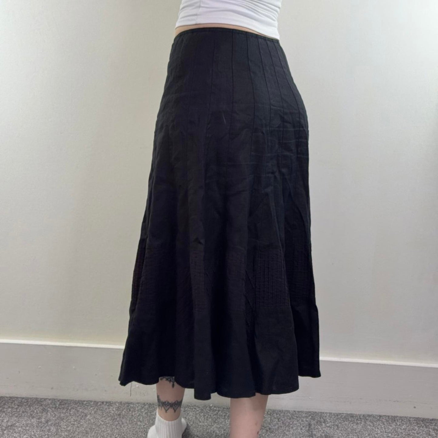 Y2K vintage 100% pure linen maxi skirt pattern hem trim stripe check black