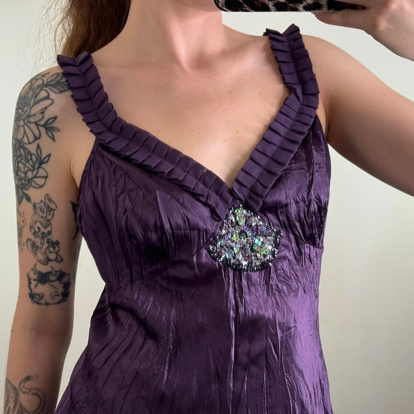 Y2K vintage satin crinkle cami top sequin embellished v neck flowy