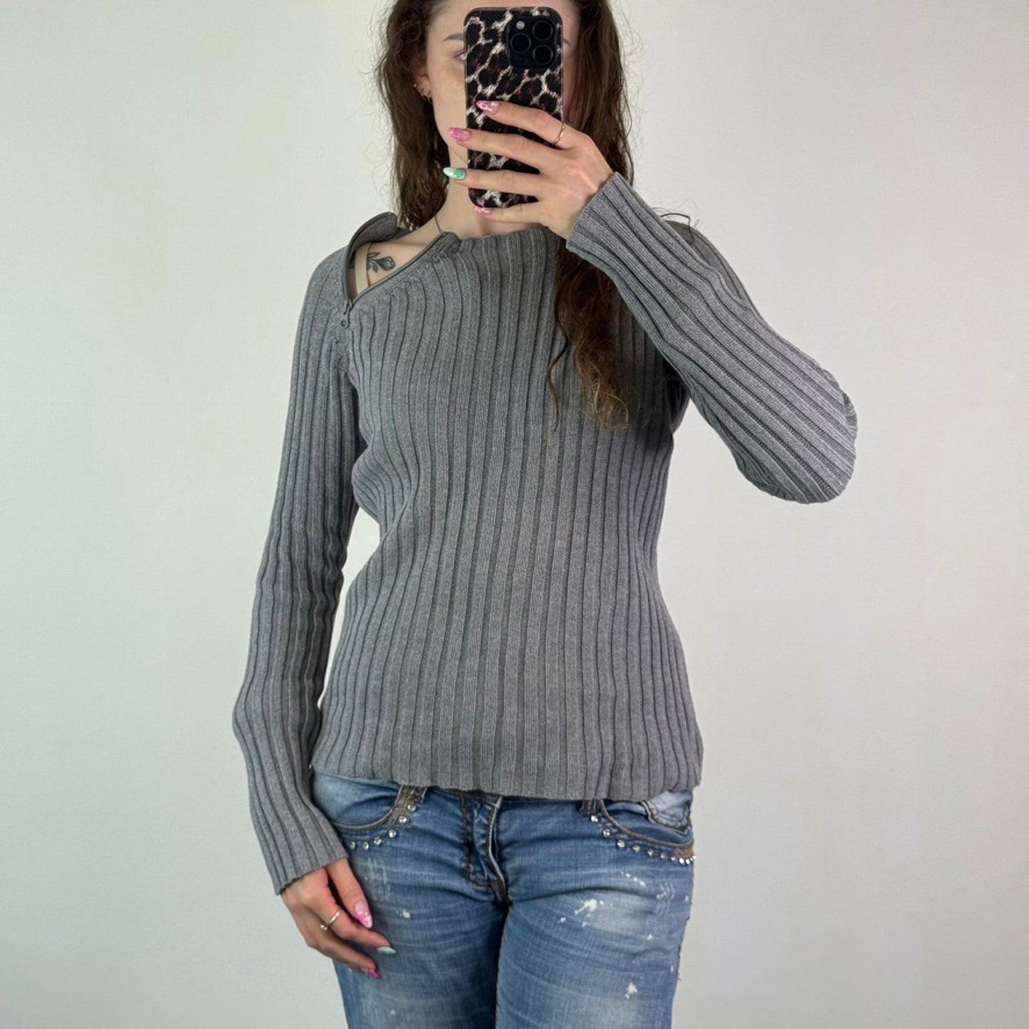 Y2K vintage asymmetrical side zipper ribbed chunky knit jumper high neck