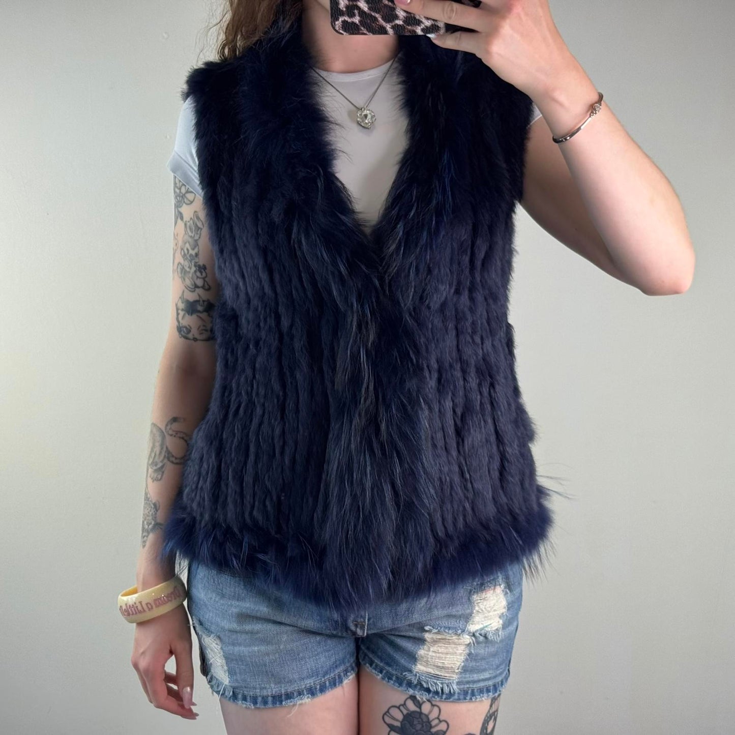 Genuine fur rabbit/ raccoon sleeveless jacket gilet v neck blue