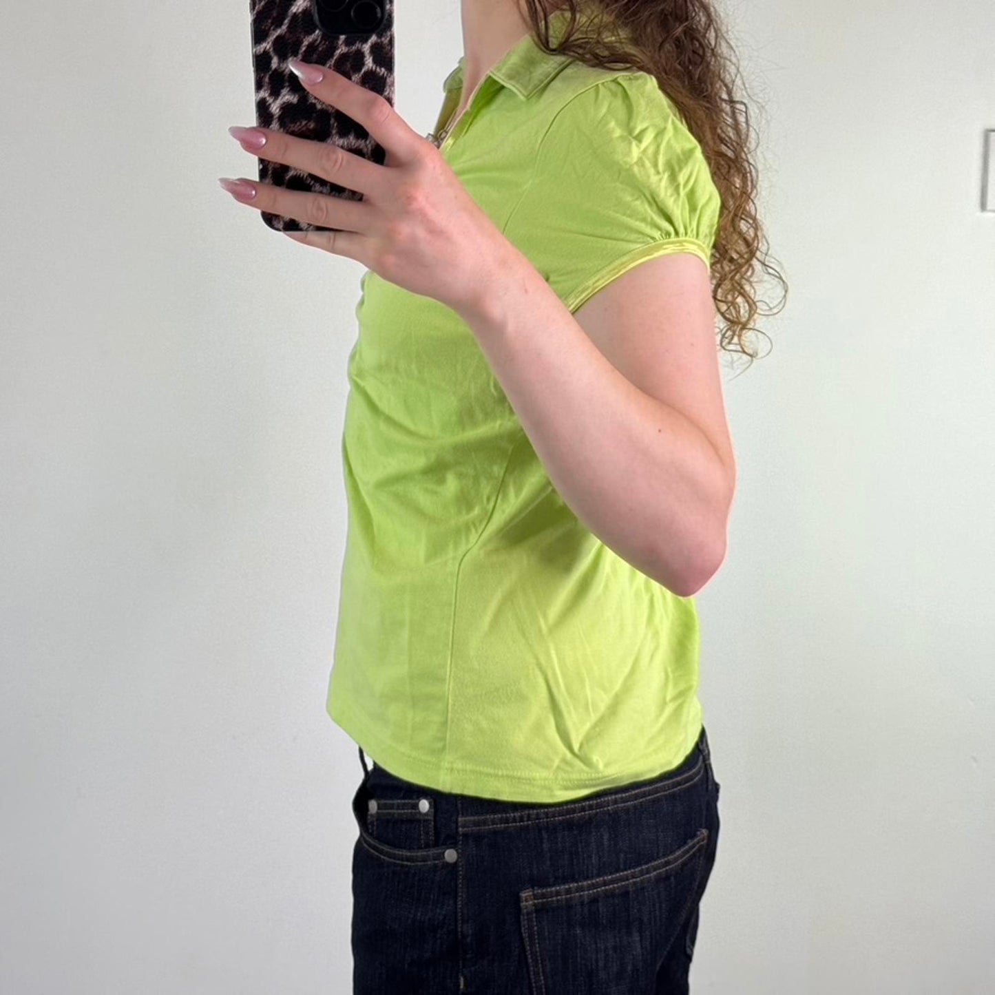 Y2K vintage ruched button up short sleeve polo t shirt bright green v neck
