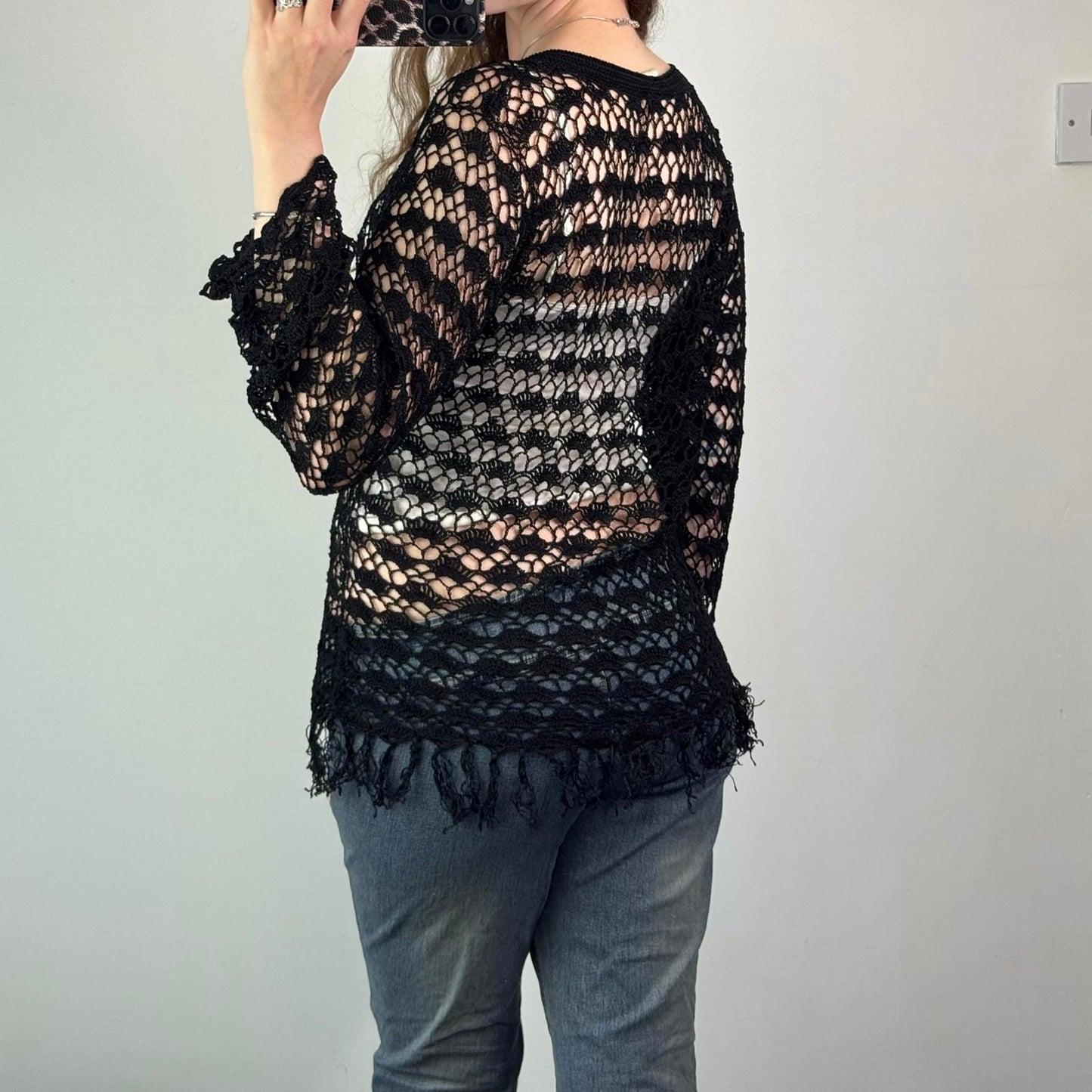 Y2K vintage crochet long flare sleeve jumper sheer knit v neck tassel lace up