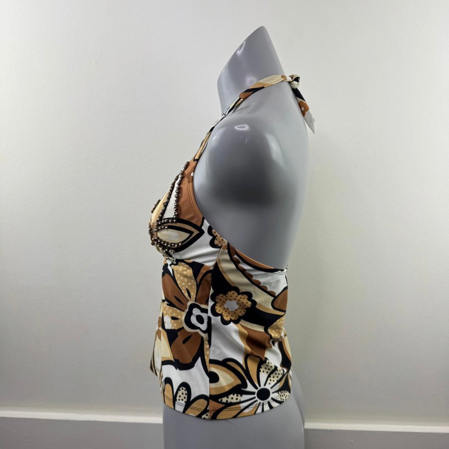 Y2K vintage halter neck swimwear top v neck padded bust beaded floral pattern