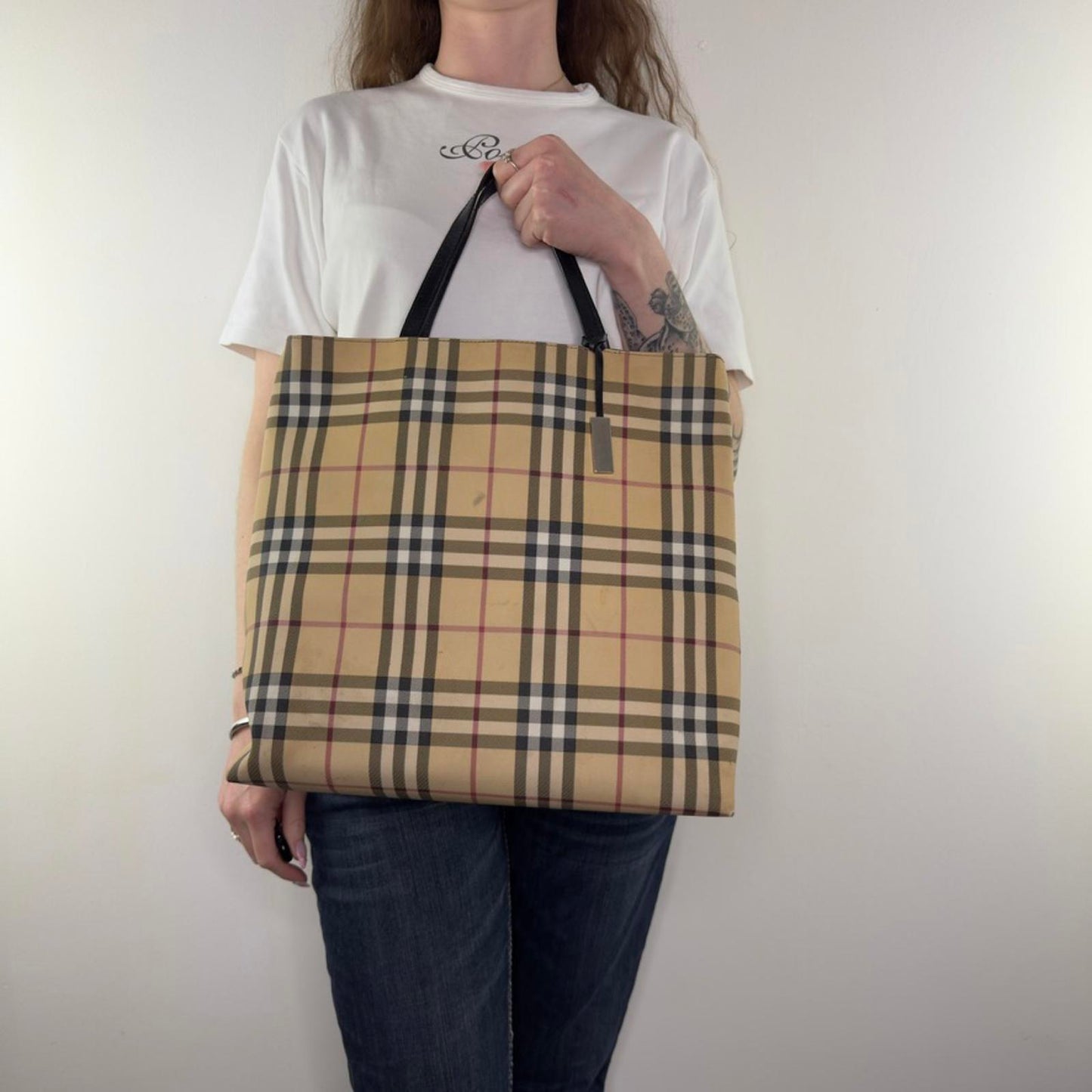 Vintage Burberry beige nova check print PVC tote bag handbag large