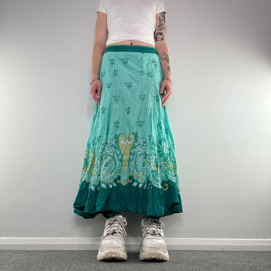 Y2K sequin floral boho pattern summer floaty maxi skirt