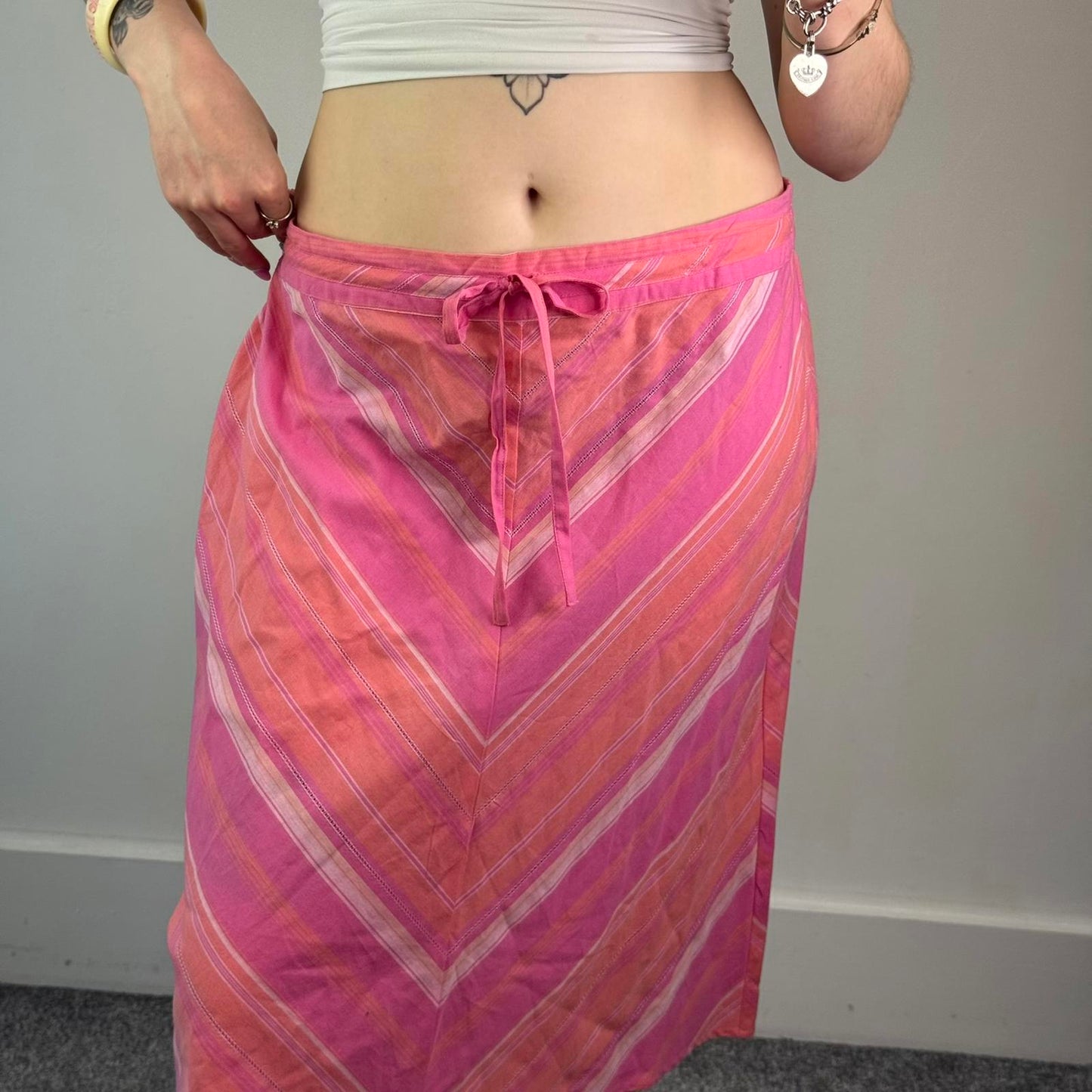 Y2K vintage stripe bow midi skirt stretchy waistband knee length lightweight