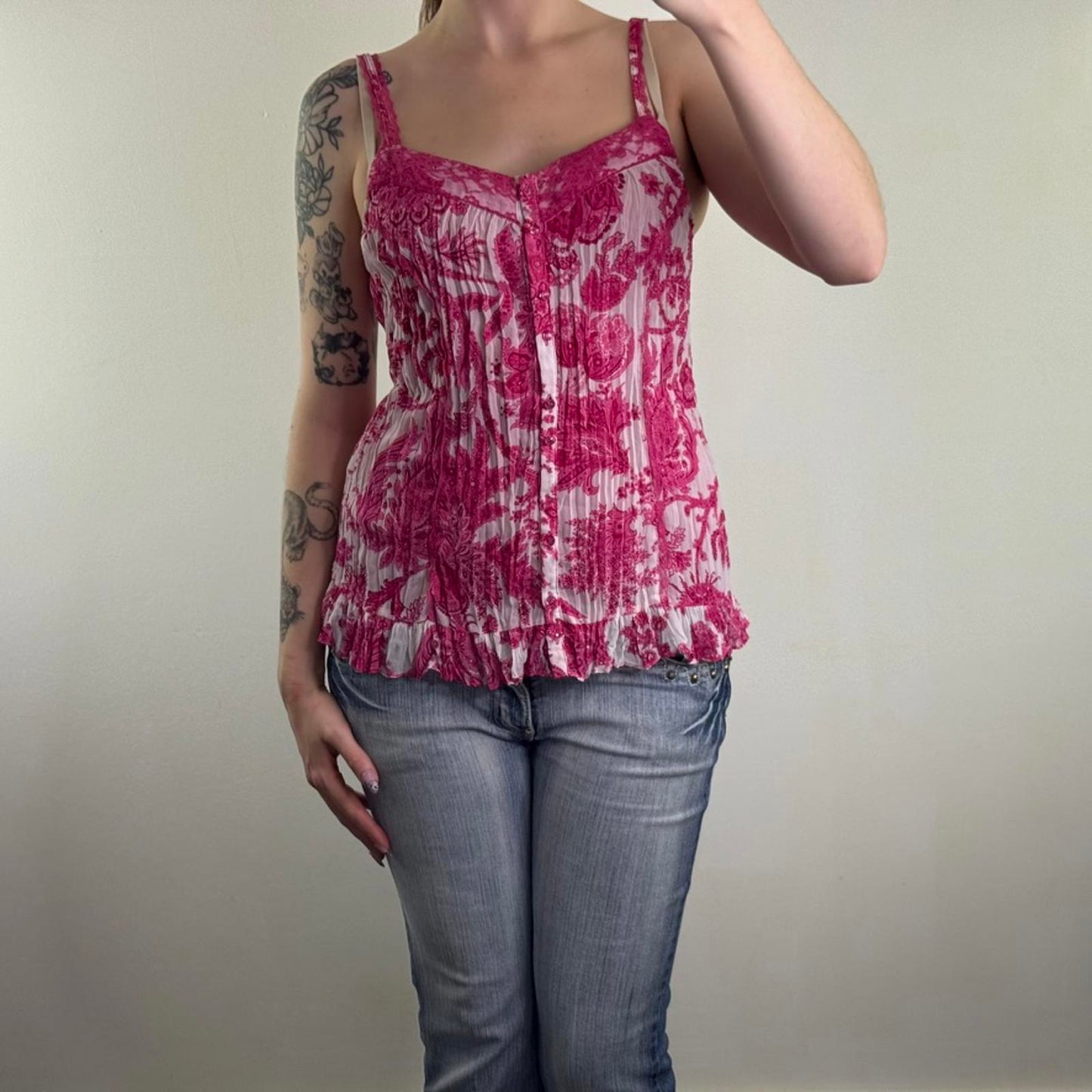 Y2K vintage crinkle button up top strappy paisley print lace trim frill hem