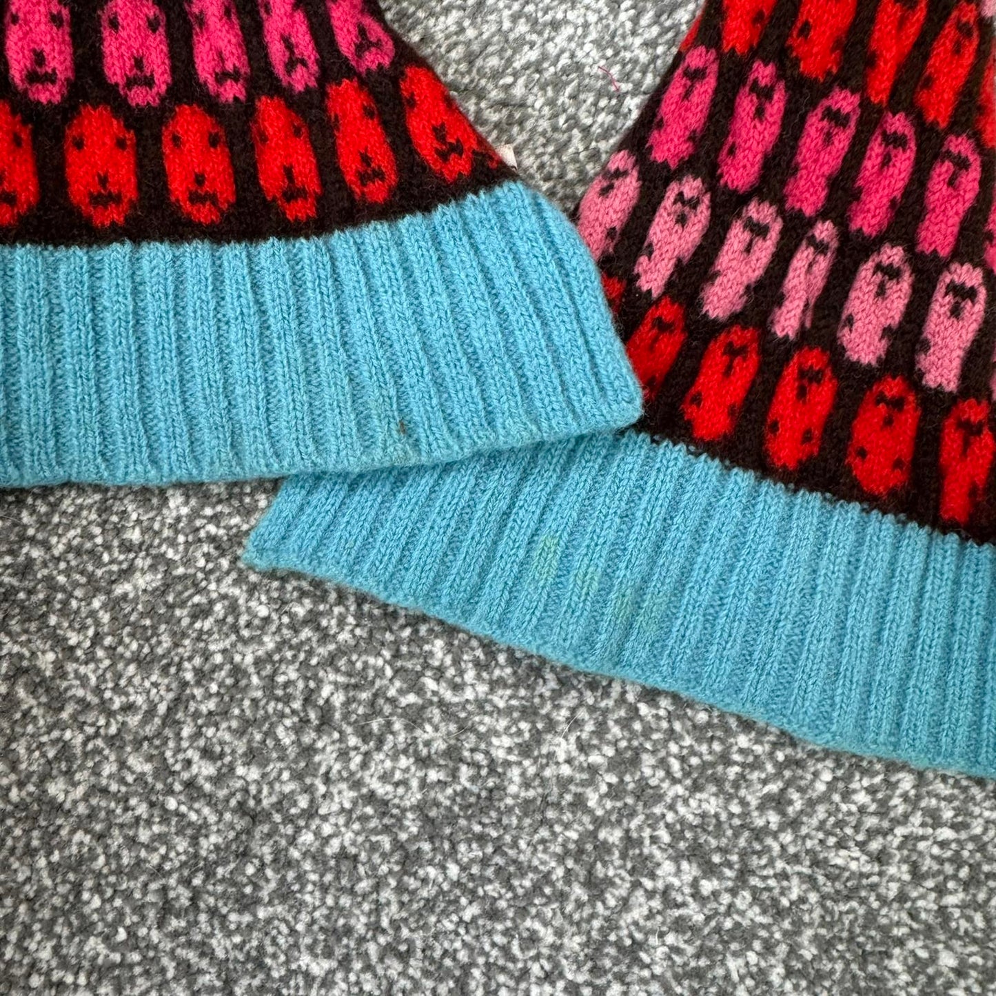 Donna Wilson wool scarf brown pink red faces pattern print blue