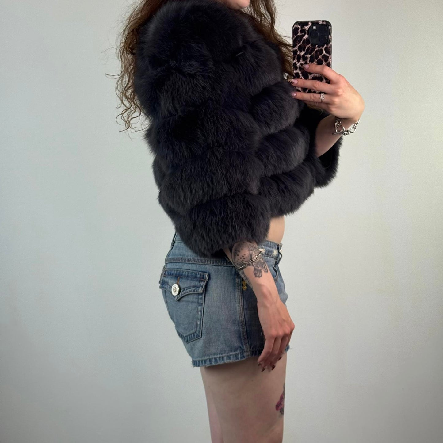 Genuine fur cropped 3/4 sleeve jacket coat  5 panel grey silk polyester lined