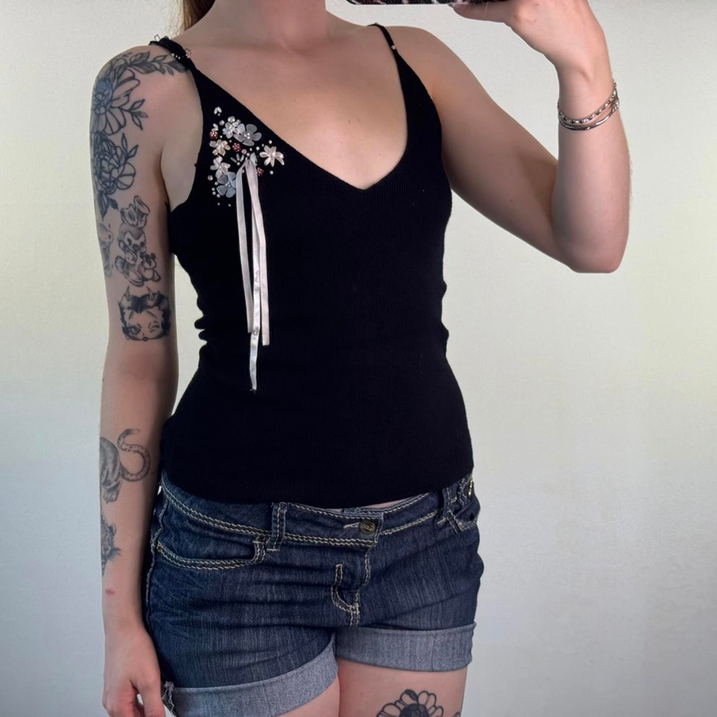 Y2K vintage fine knit cami top strappy rhinestones embellished flowers beaded