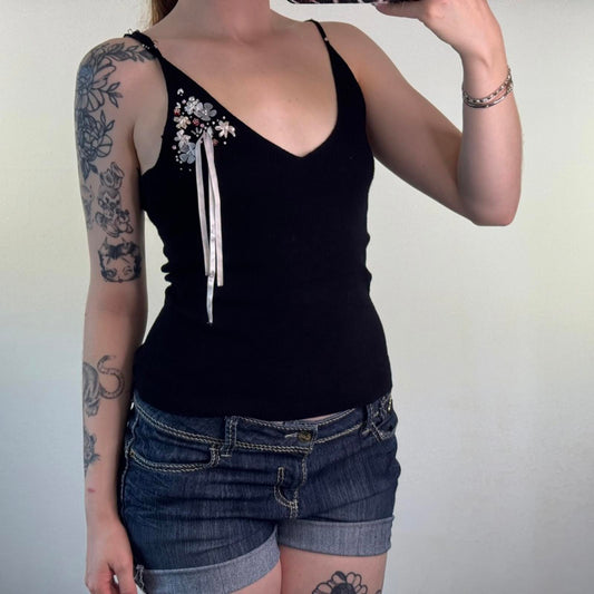 Y2K vintage fine knit cami top strappy rhinestones embellished flowers beaded