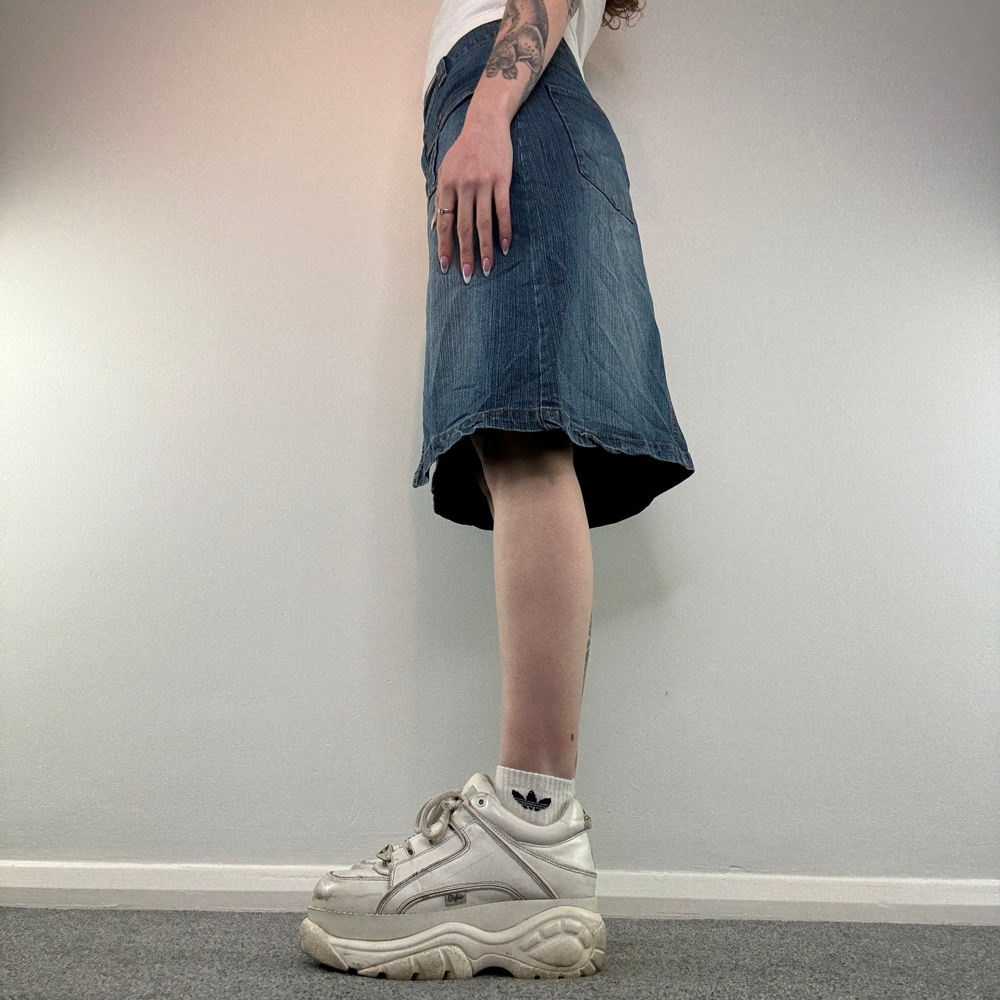 Y2K cargo faded denim midi skirt