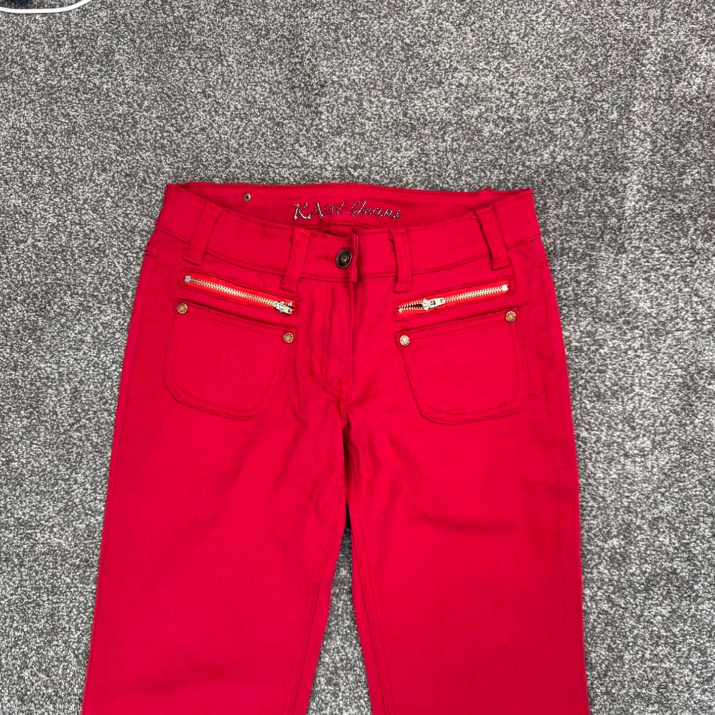 Y2K vintage low rise stretch bootcut jeans embroidered pockets bright red zipper