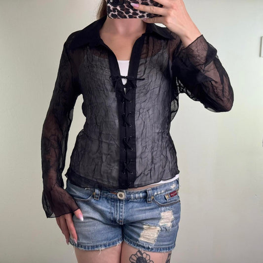 Y2K vintage sheer long sleeve blouse shirt lace up v neck black lightweight