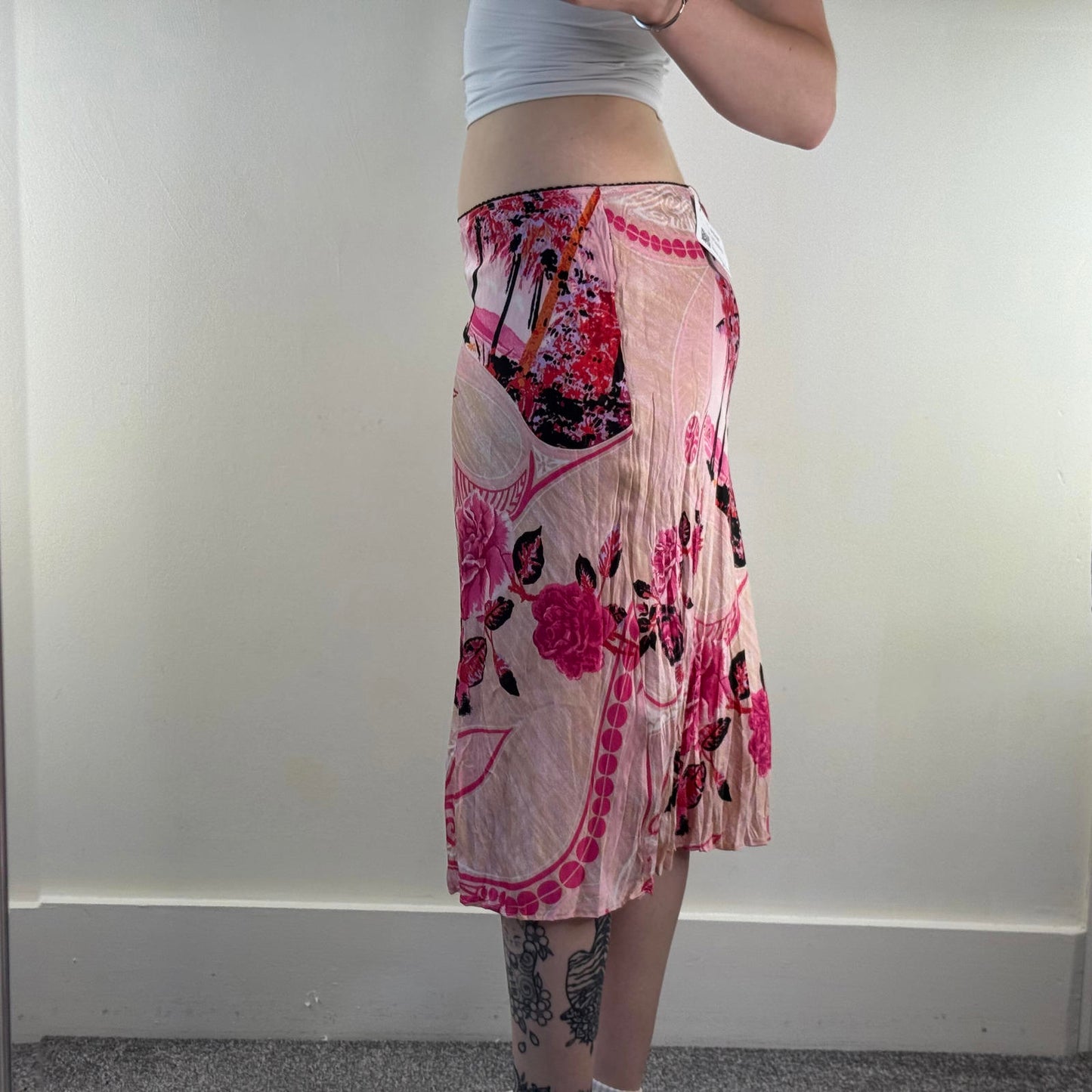 Y2K vintage Morgan De Toi midi skirt pink satin stretchy palm tree floral rose