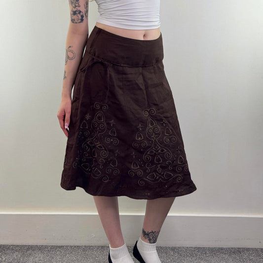 Y2K vintage 100% pure linen a line midi skirt sequin embroidered pattern bow