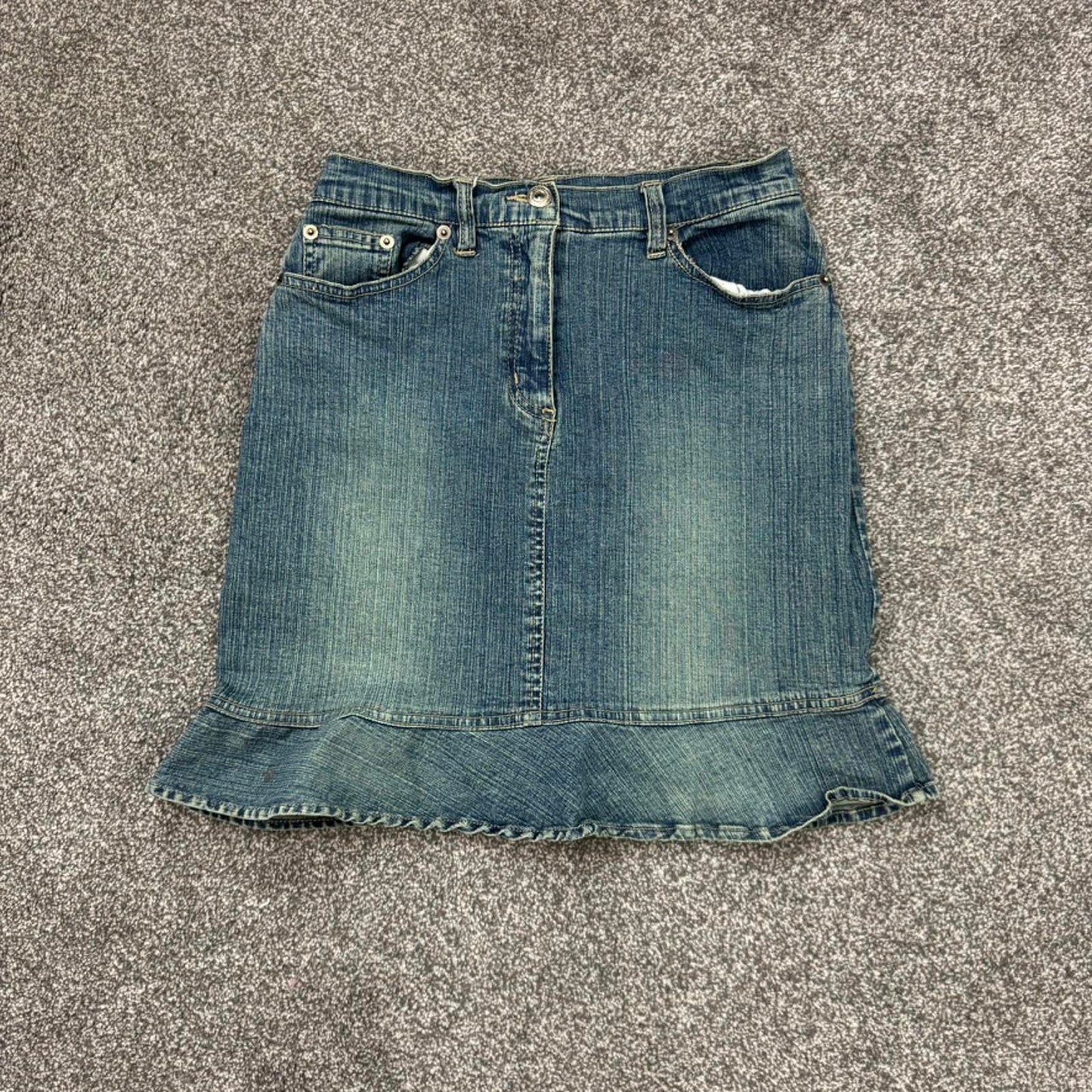 Y2K vintage Pilot faded denim mini skirt frill hem fitted stretchy