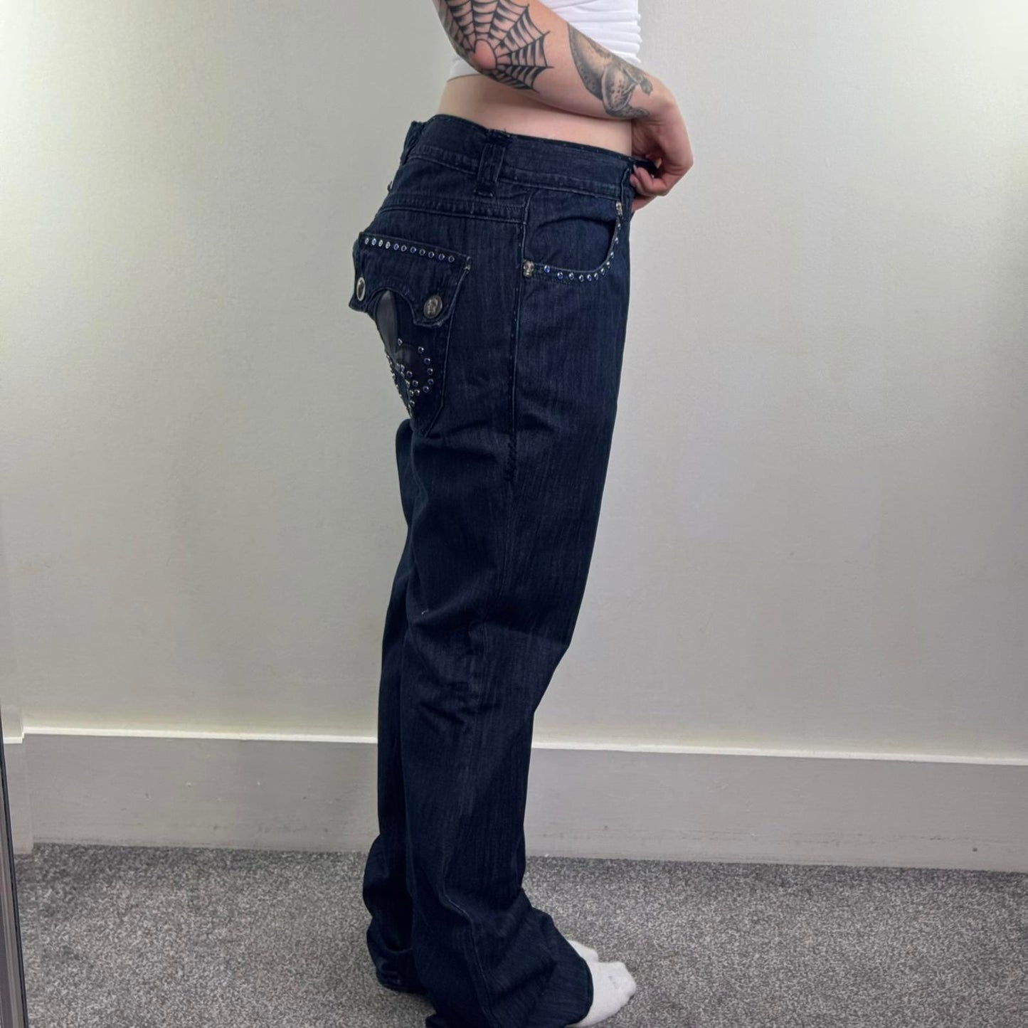 Y2K vintage Laguna Beach bootcut jeans filigree rhinestones skull dark blue