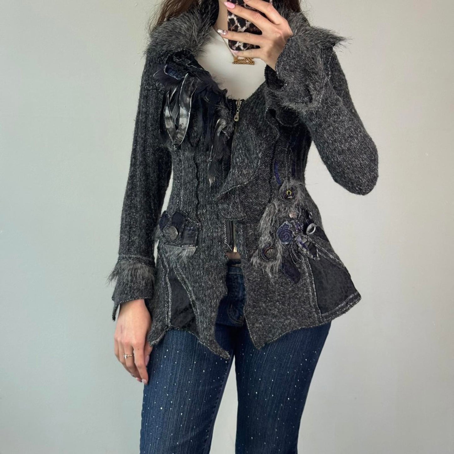 Y2K vintage archive knit patchwork zip up cardigan real fur leopard print button