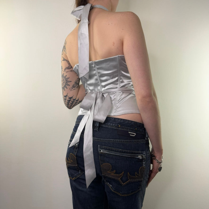 Y2K vintage halter neck lace boned top