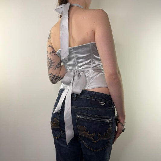 Y2K vintage halter neck lace boned top