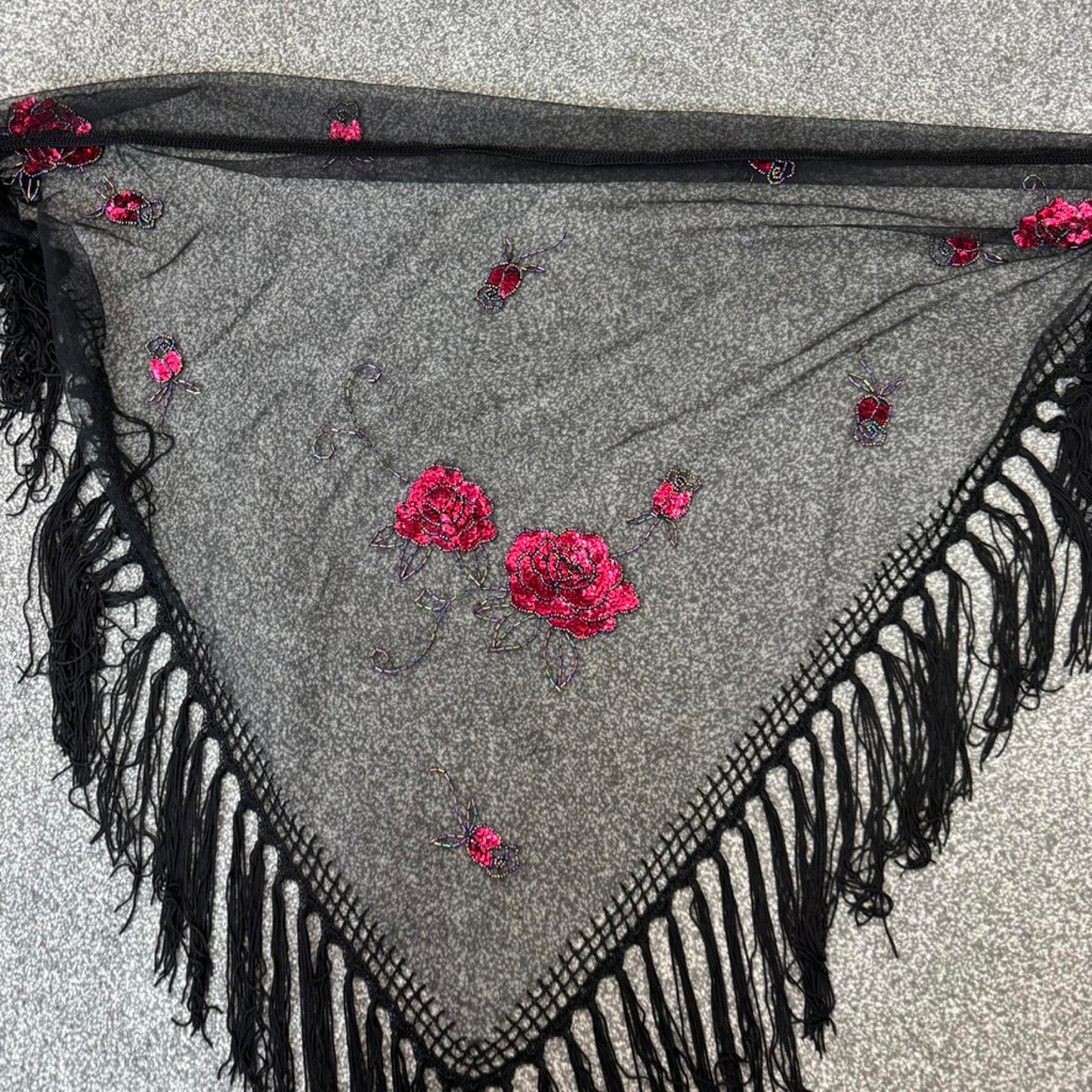 Y2K vintage mesh floral sheer sequin tassel sarong cover up shawl embellished