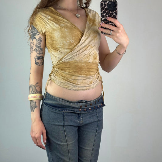 Y2K vintage tie dye ombre wrap style top ruched v neck short sleeve beige brown