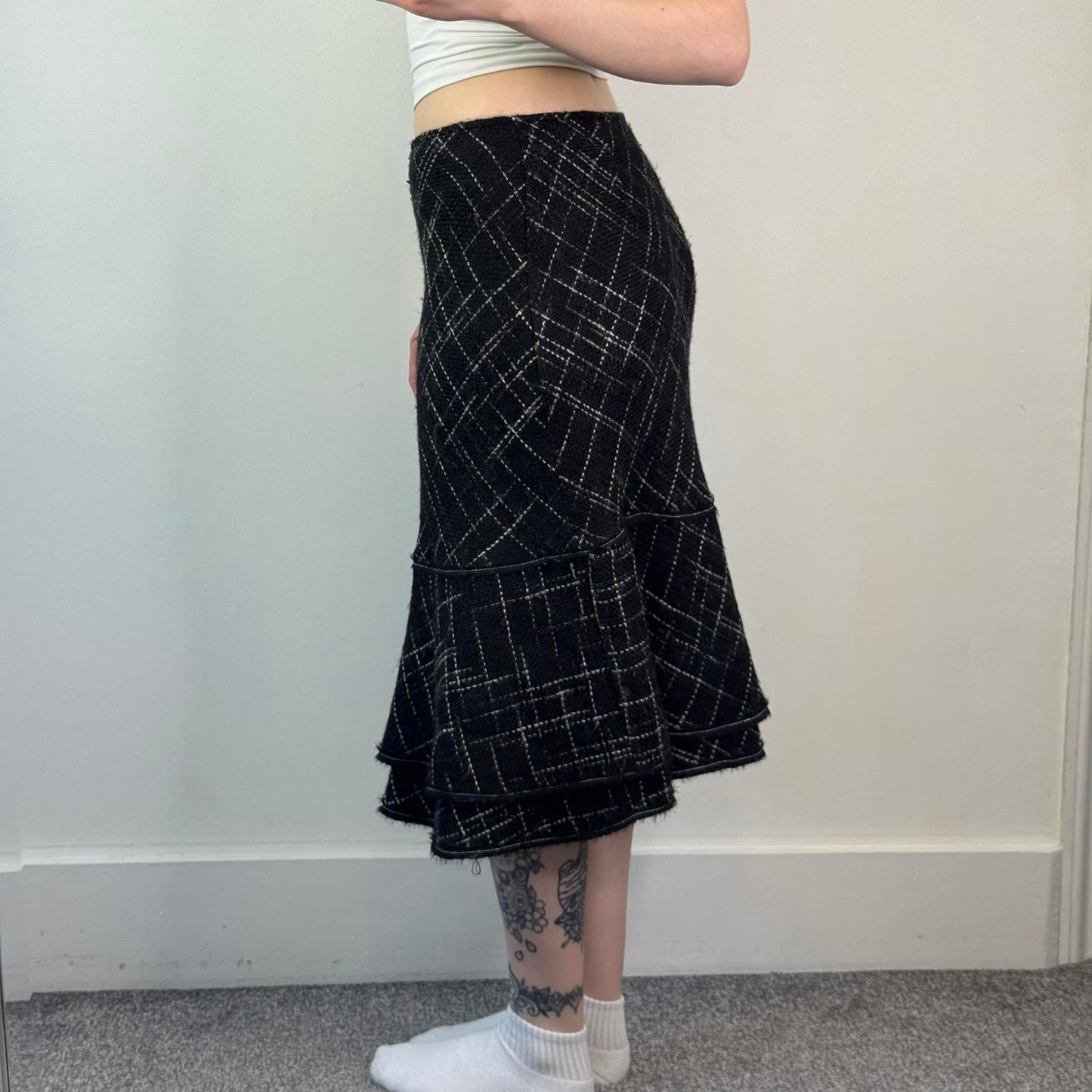 Y2K vintage crisscross pattern tiered midi skirt a line frill hem mid rise