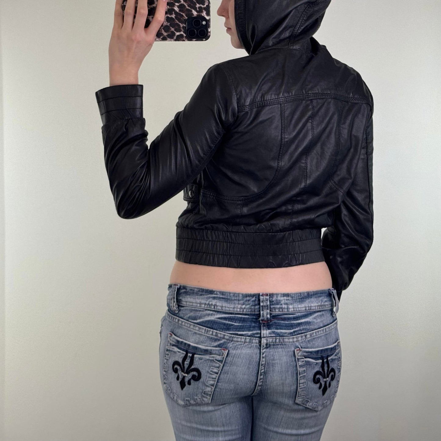 Y2K vintage genuine leather zip up jacket crop short length elastic waist hood