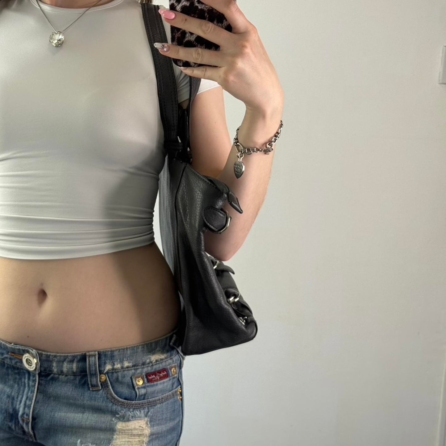 Y2K vintage faux leather shoulder bag zipper studded buckle medium size