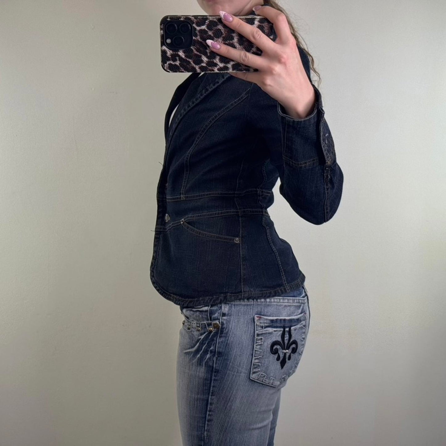 Y2K vintage fitted stretchy denim jacket button up faded wash buttons blazer