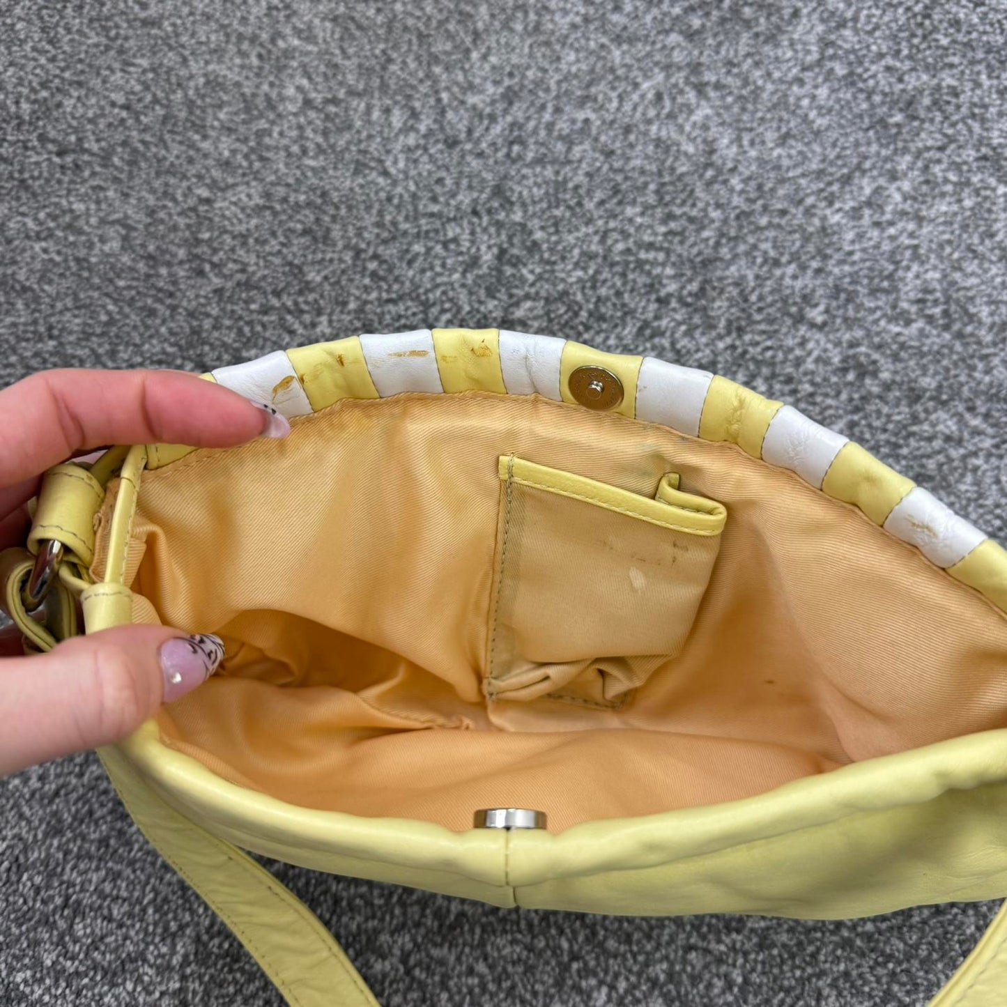 Y2K vintage genuine leather mini shoulder bag striped yellow white summer