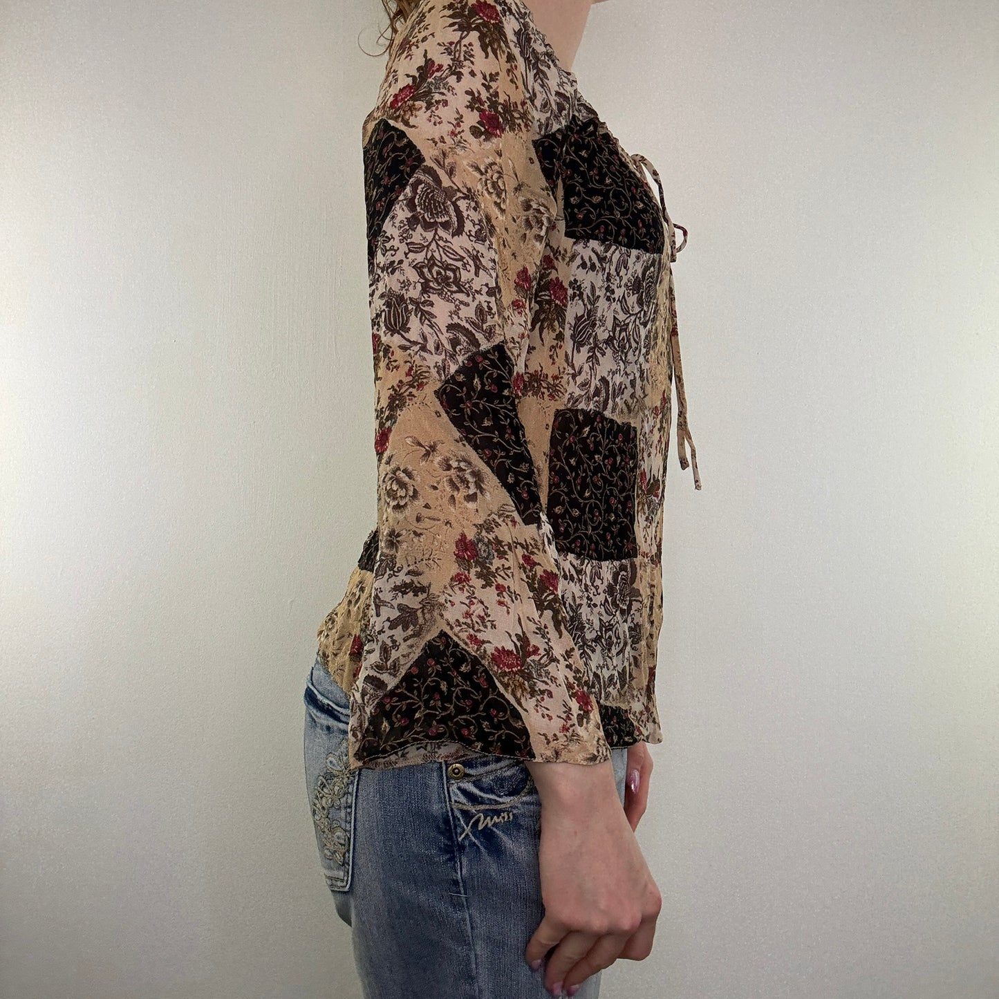 Y2K vintage blouse top sheer floral flared sleeve bow boho