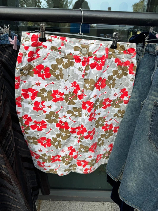 Vintage Y2K Per Una hibiscus floral denim midi skirt above knee