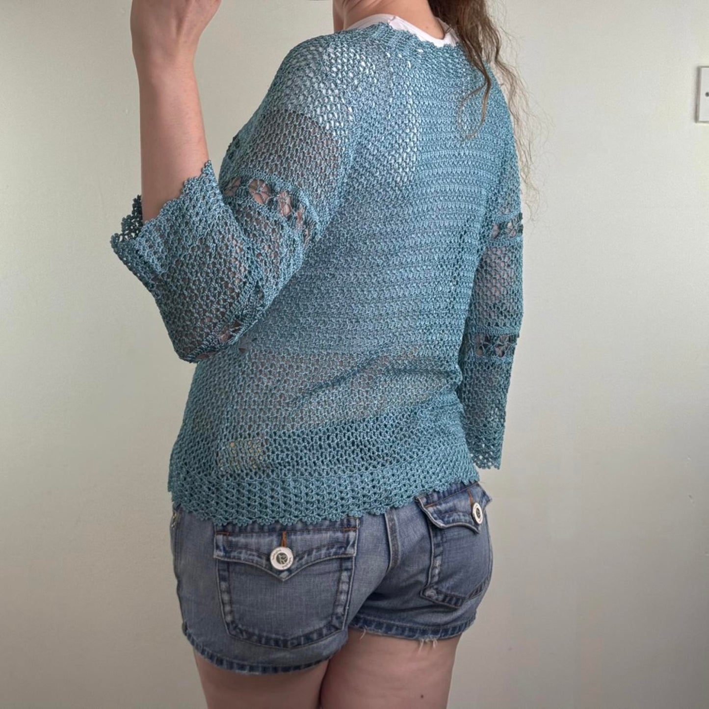 Y2K vintage crochet cardigan long sleeve tie bow turquoise scallop hem v neck