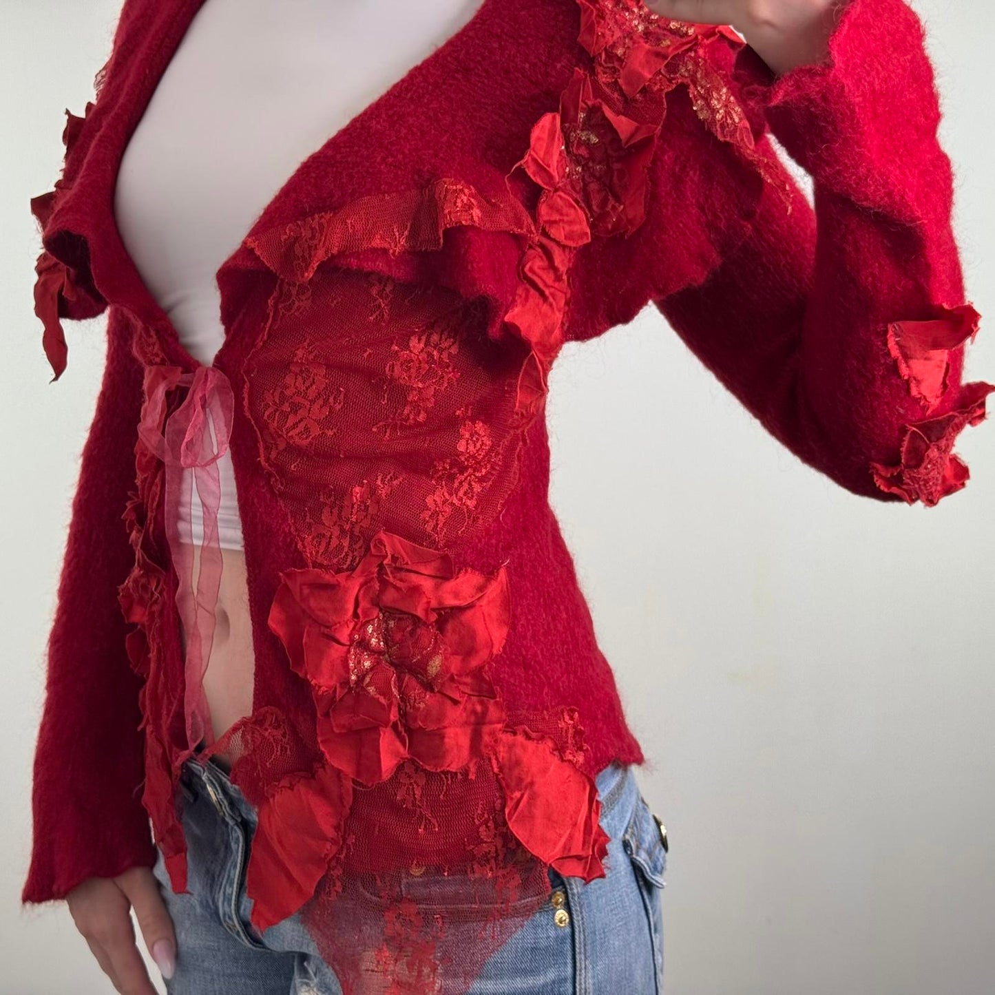 Y2K vintage mohair/ silk knit cardigan lace trim 3D flowers bow patchwork