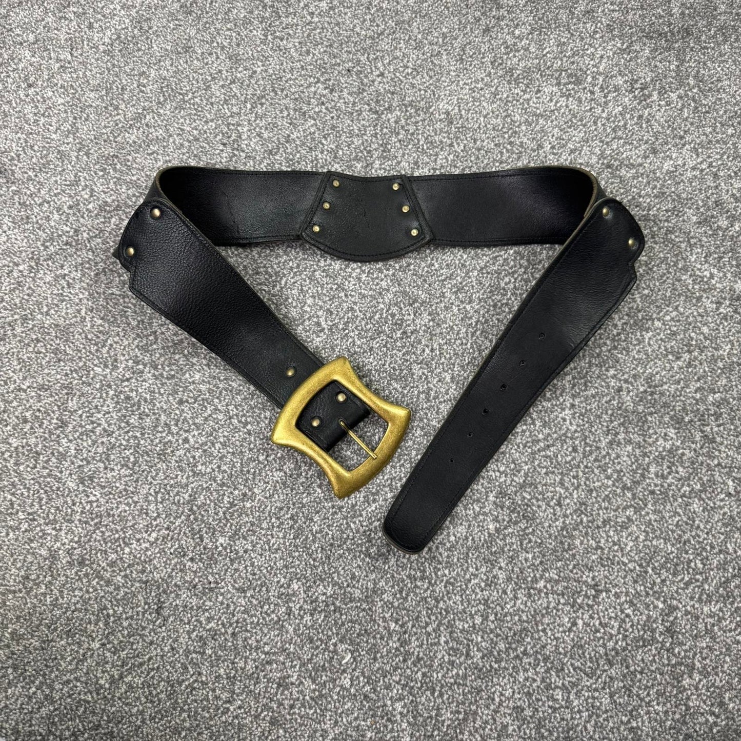 Y2K vintage genuine leather chunky belt square buckle black gold studded