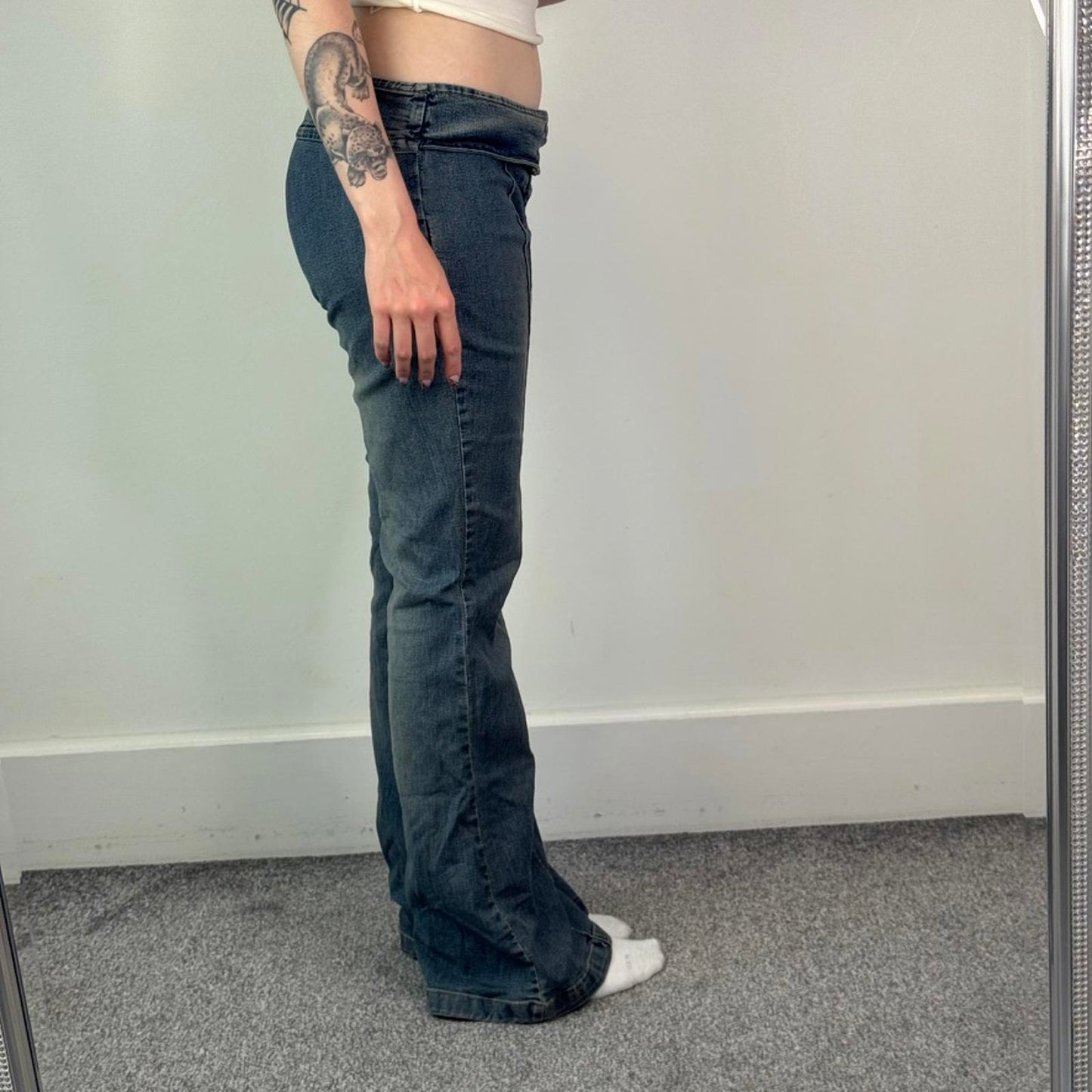 Y2K vintage stretchy low rise bootcut faded denim jeans popper studs belt