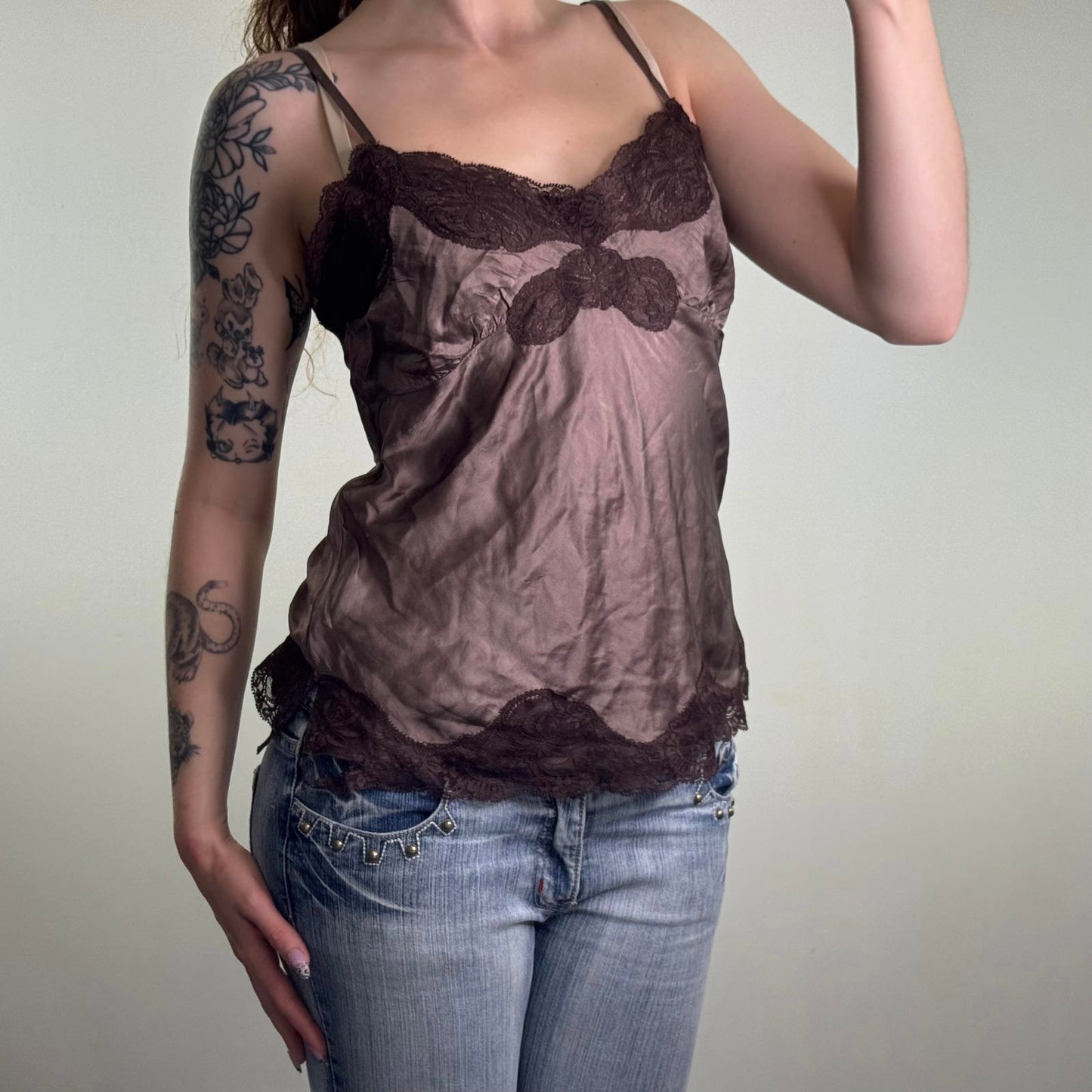 Y2K vintage 100% pure silk lace trim cami top strappy brown