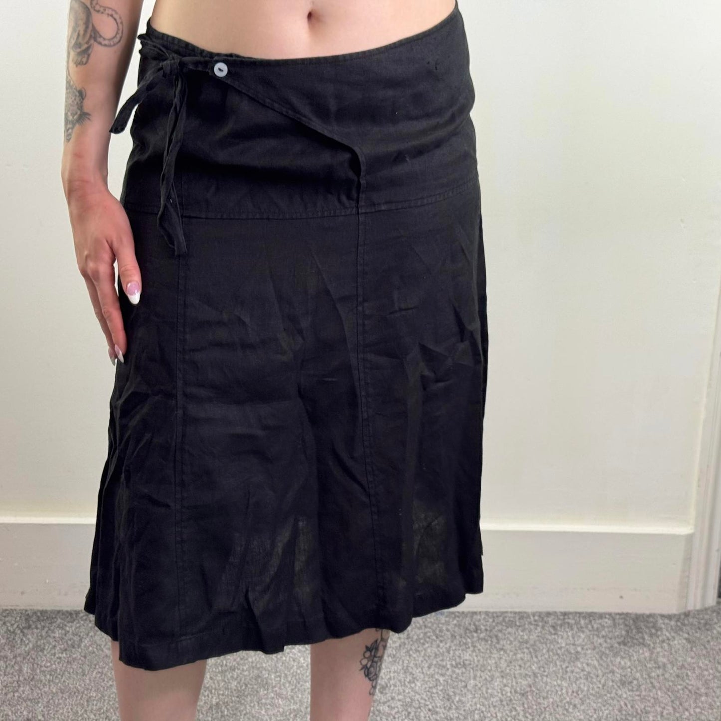 Y2K vintage 100% linen midi skirt wrap around knee length a line fit bow belt