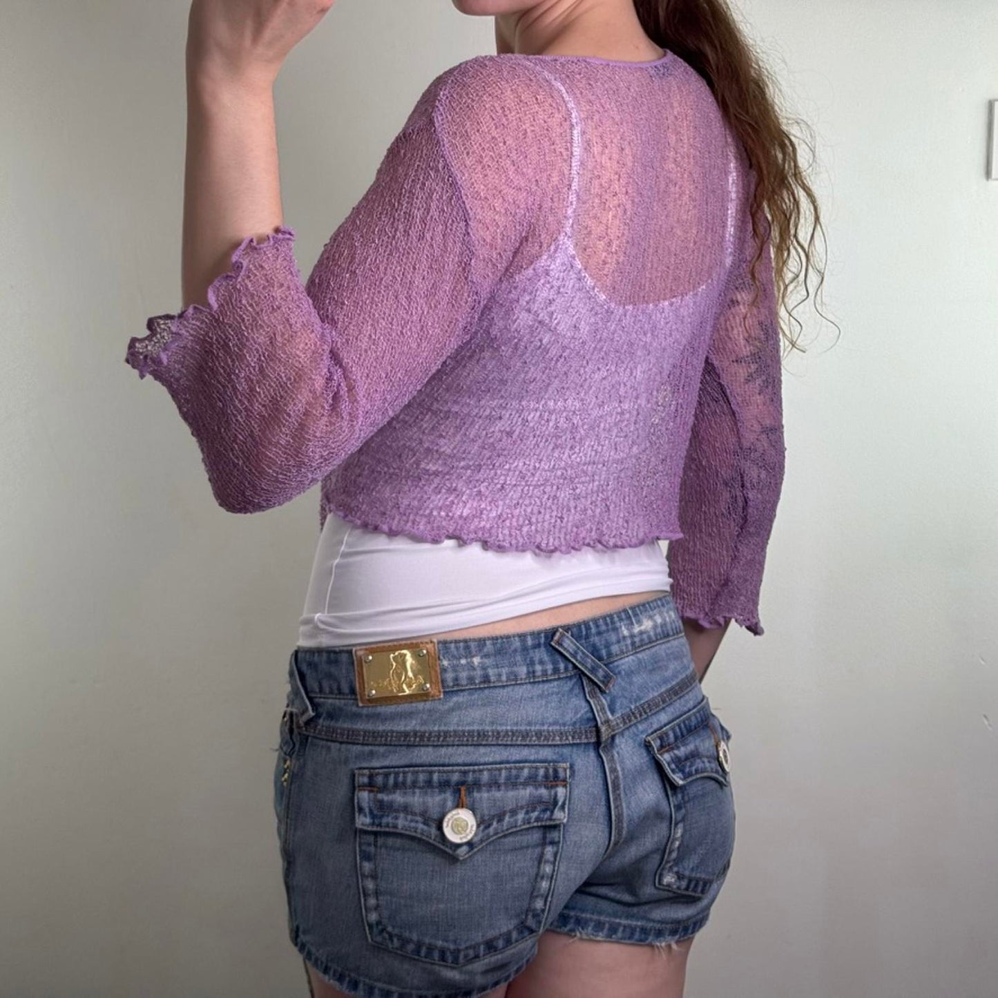 Y2K vintage fine knit cardigan tie front bow 3/4 sleeve sheer lilac shrug