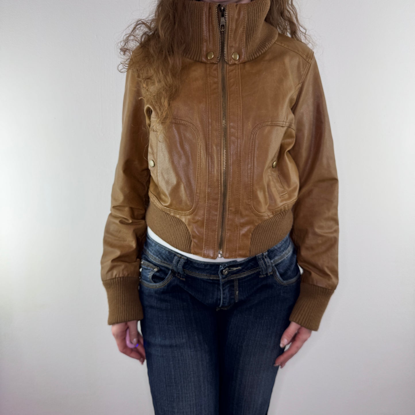 Y2K vintage brown zip up leather jacket