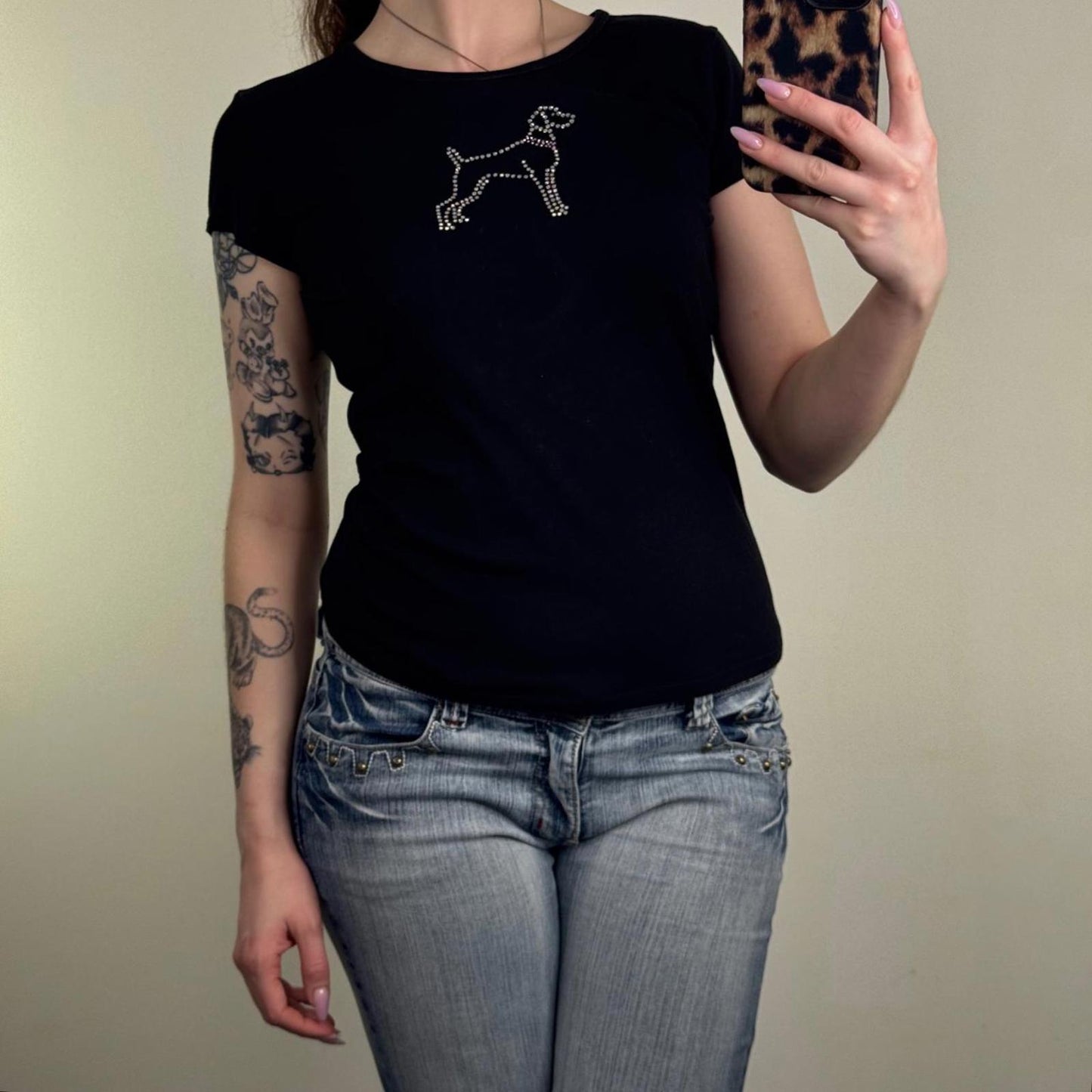 Y2K vintage dog t-shirt short sleeve top studded stretchy black
