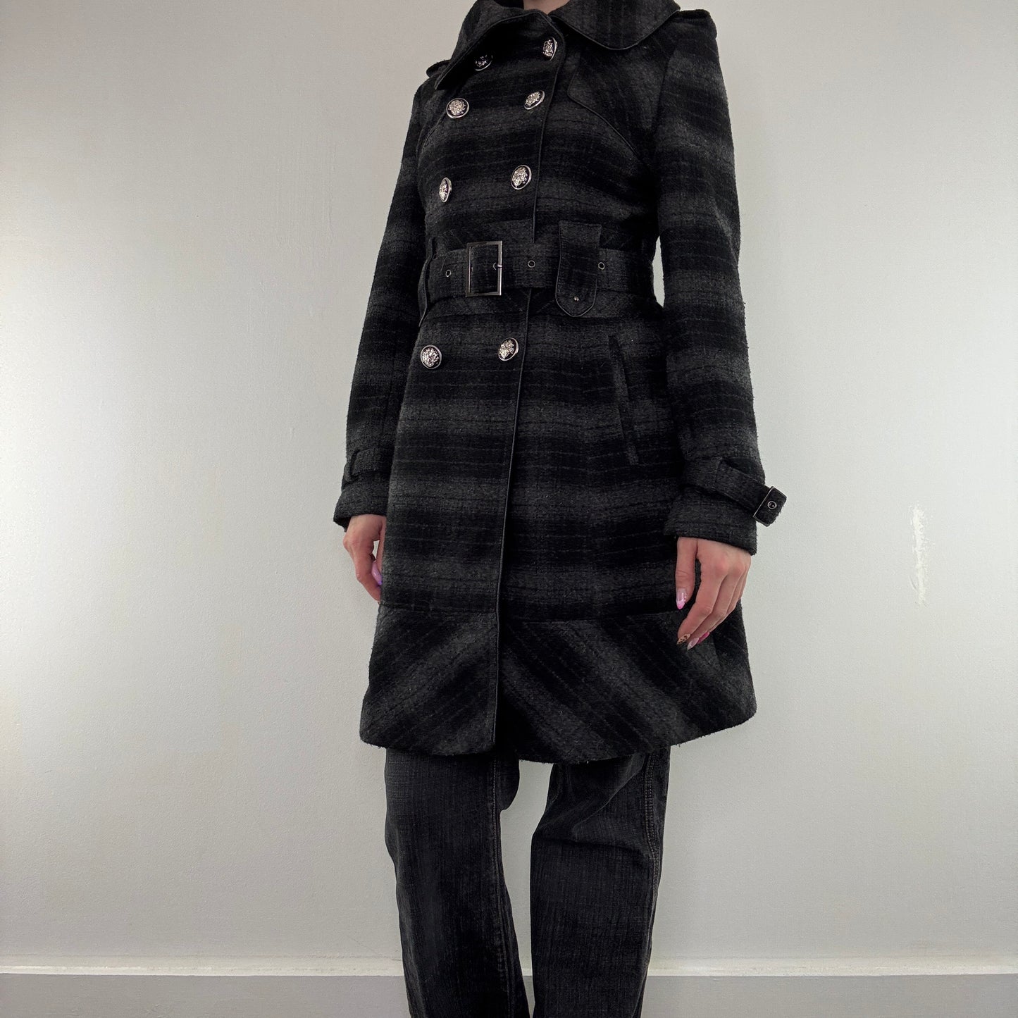 Y2K vintage Miss Sixty belted wool tartan long trench duffle coat